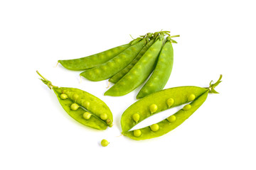 young fresh pods of green peas isolated on white background