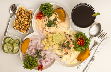 Peru Dish: 3 types of Cebiche (ceviche), chicha drink, canchita.