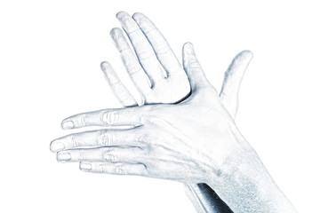 Beautiful man's hand in silver paint