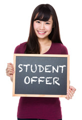 Woman with black board and showing student offer