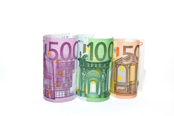 Obraz na płótnie Canvas Euro banknotes of various denominations on a white background