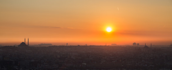 Istanbul mosque at sunset, high contrast profile, panoramic view