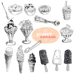 Hand drawn vector illustration set with ice Cream. Vintage.