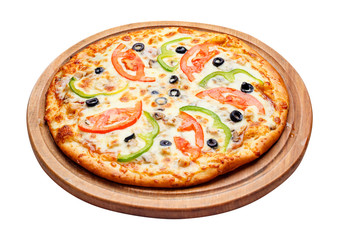 pizza on wooden plate