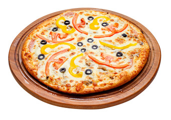 pizza on wooden plate