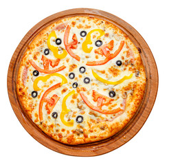 pizza on wooden plate