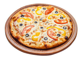 pizza on wooden plate