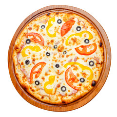 pizza on wooden plate