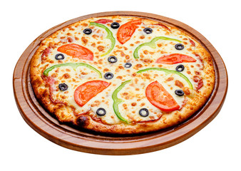 pizza on wooden plate