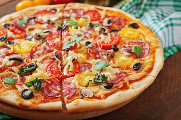 Pizza with salami, tomato, cheese and olives