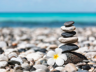 Zen balanced stones stack with plumeria flower