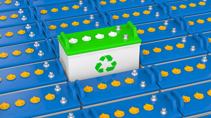 3d lead acid battery with recycle symbol standing out from the rest