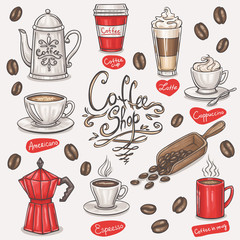 hand drawn coffee doodles set