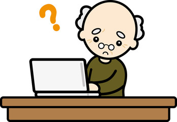 パソコンの使用中に疑問を感じるおじいさん