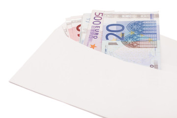 Open envelope with euro banknotes on a white background 