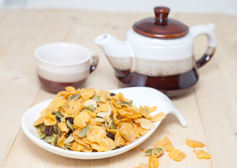 Cornflakes Caramel with milk. Selective focus, shallow DOF