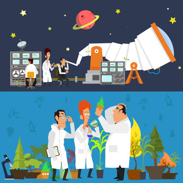 astronomers study the sky in a modern telescope and use modern equipment.
 botanists study plants in the greenhouse. scientists engaged in important work. Banner. vector illustration.