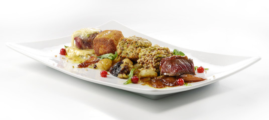 meat dish, variations cubes of steak, grilled, breaded, flavored