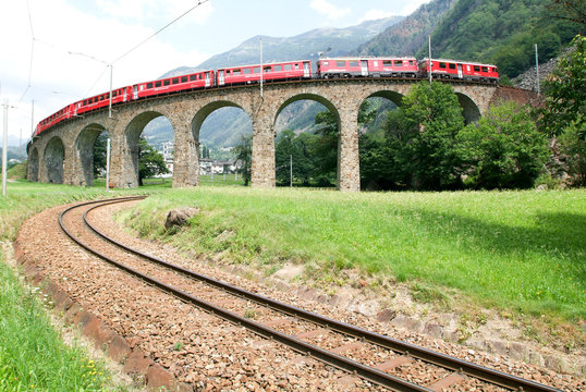 Bernina Express Train at Brusio on the Swiss alps