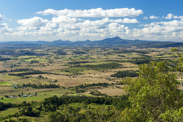 Mount French lookout overlooking Boonah and the Scenic Rim in Queensland during the day. The...