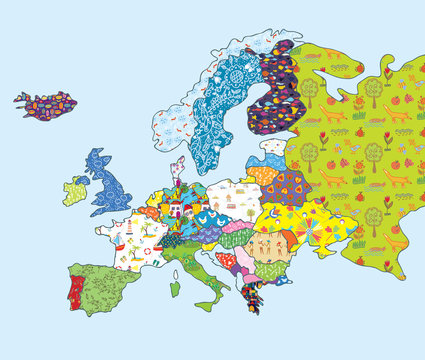 Europe map funny design with patterns for kids