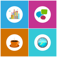 Set Icons  Office Work and Business Life, Modern Buildings, Business Center,  Speech Bubble , Cup of Tea or  Cup of Coffee, Wall Clock , Vector Illustration