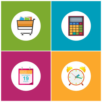 Set of Shopping Icons , Budgeting , Cart , Basket for Purchases  , Leaf of a Calendar, Calculator, Alarm Clock, Vector Illustration