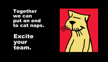 Business cartoon showing a cat and the words, 'together we can put an end to cat naps.  Excite your team'.