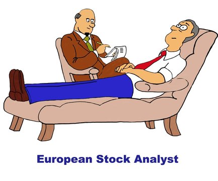Business cartoon showing a man in therapy and the words, 'European Stock Analyst'.