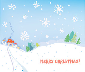 Fototapeta na wymiar Christmas card with village, houses, forest and snow - cute illustration