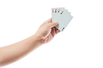 Playing cards in hand isolated on white background