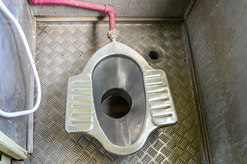 Toilet flush stainless on train.