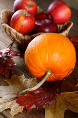 Autumn still life with apples and pumpkins with dry leaves