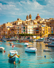 view on Birgu and the harbour with boats - obrazy, fototapety, plakaty