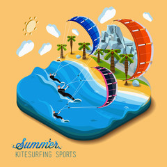 Summer kitesurfing sport.Part of the land to the sea and the mountains,palm trees and people skiers on the water,paradise,summer vacation,sea,ocean,on the beach.Vector work flat isometric 3D concept.