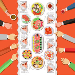 Сatering party with people hands and a table of dishes from the menu, top view. Vector flat illustration.Catering business