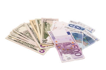 Dollars and euro money on white