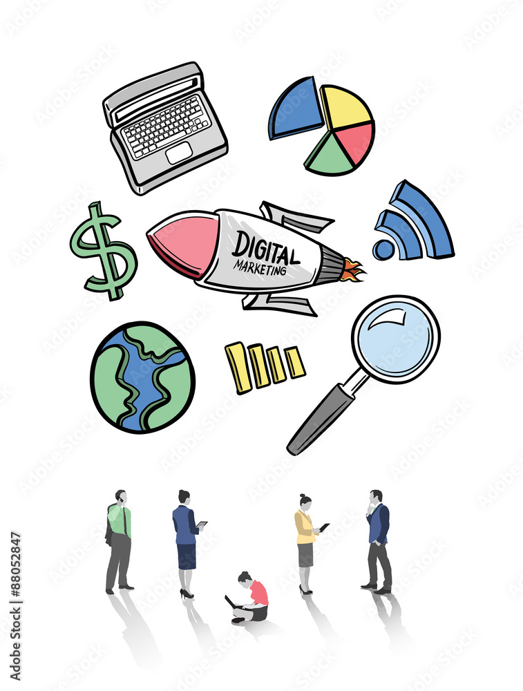 Poster marketing icons and the usage of electronic devices vector