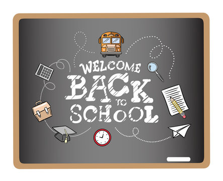 Welcome back to school message surrounded by icons vector