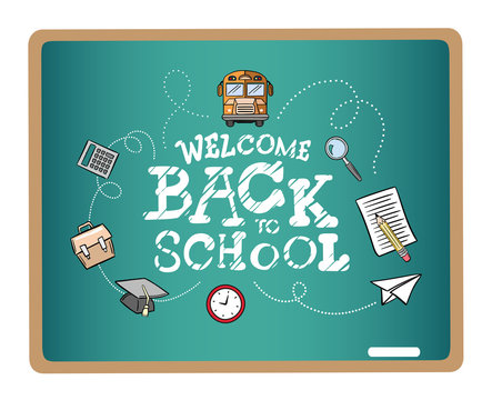 Welcome back to school message surrounded by icons vector