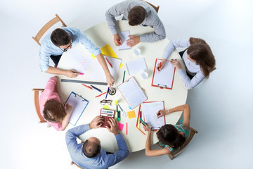 Top view of business team on workspace background 