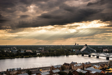Panorama of Riga, Latvia (Daugava, Old Market, National library)