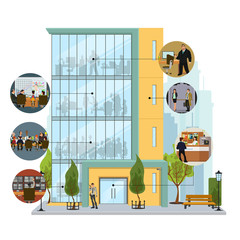 Business building facade. Office building exterior with an illustration of workers. Vector illustration in a flat style.