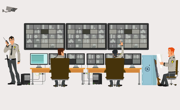 security room in which working professionals. surveillance cameras. Vector illustration in a flat style.
