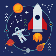 Astronomy flat illustration with book, rocket, stars and planets.