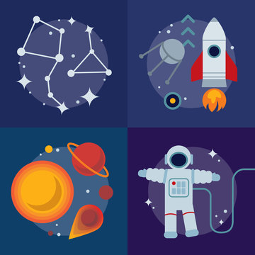 Astronomy flat illustration with book, rocket, stars and planets.
