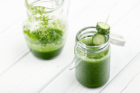 Cucumber smoothie in a glass jar