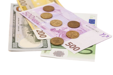 Coins on Euro Money And Dollars isolated on white