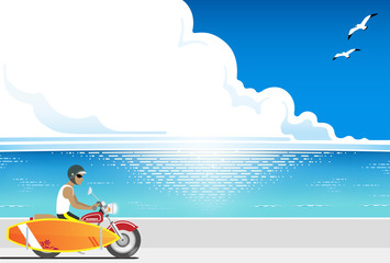 Obraz na płótnie Canvas サーフボードをオートバイに積んで海岸沿いを走るサーファー