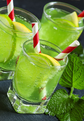 Mint soda with lemon and lime, selective focus